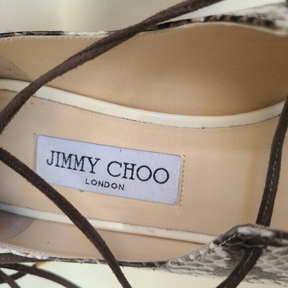Jimmy Choo Ivory/Brown Snakeskin Open Toe Sandals Pumps Lace Up EU 40.5 - Picture 3 of 16